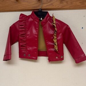Toddler Red Faux Leather Jacket with Ruffle Detail